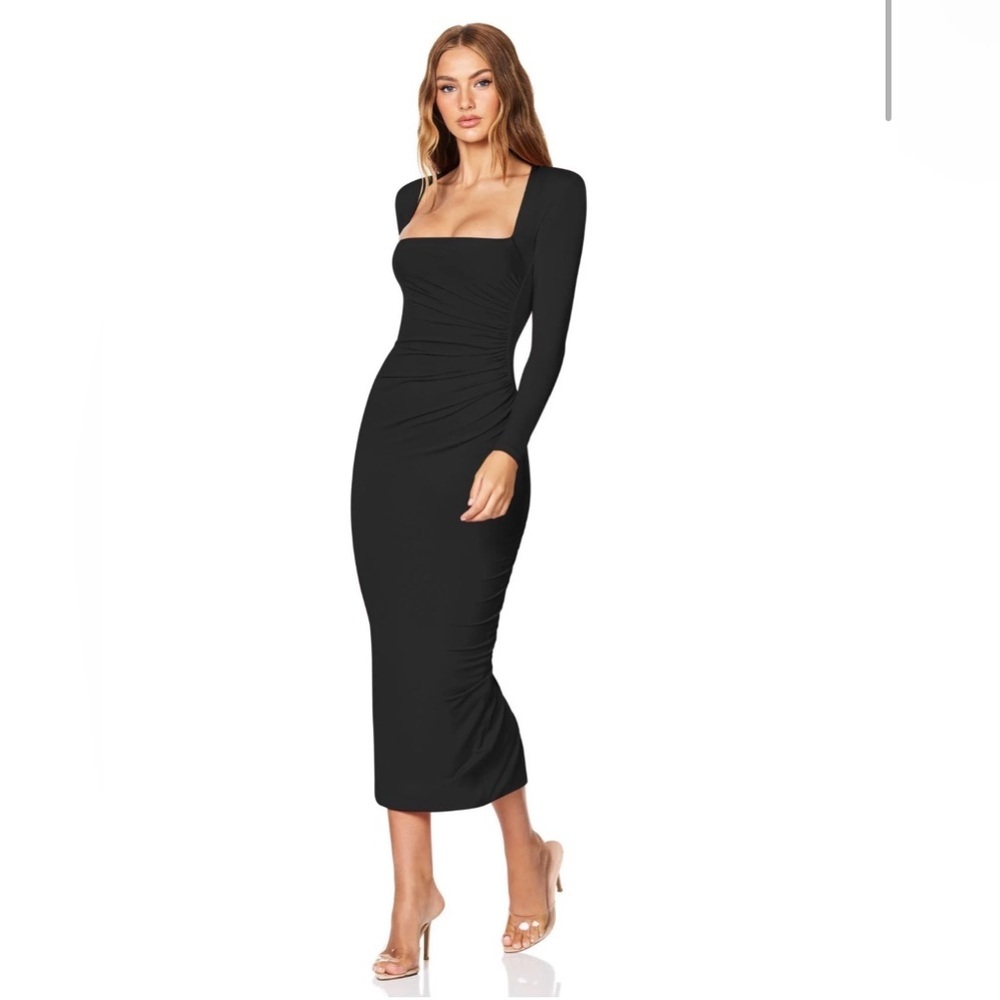 Nwt Nookie Black Dare Midi Dress Long Sleeve Slinky Stretch Jersey Large